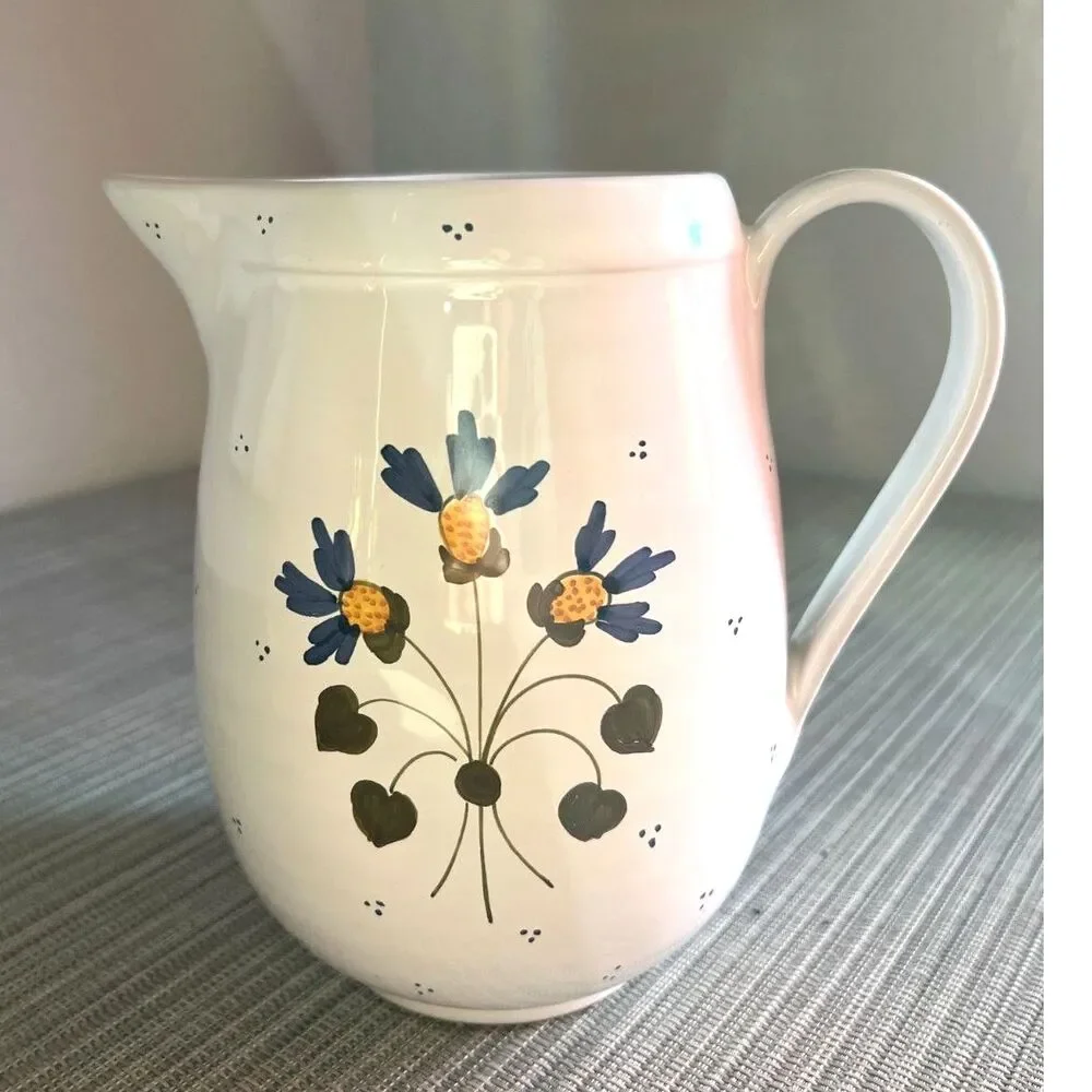 Vintage Williams Sonoma Italian Ceramic Pitcher Vase Blue Yellow Flowers 7.5